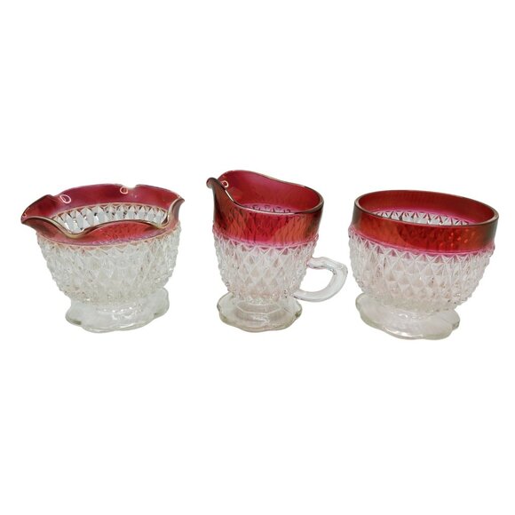 vintage 1960s indiana glass diamond point sugar creamer and condiment bowl - Picture 8 of 9